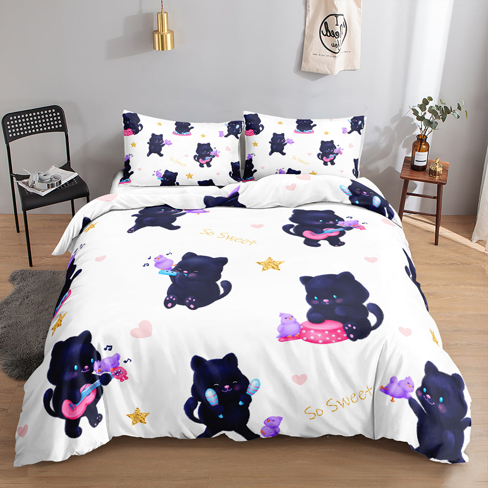 Whimsical Black Kitten Melody Quilt Cover Set
