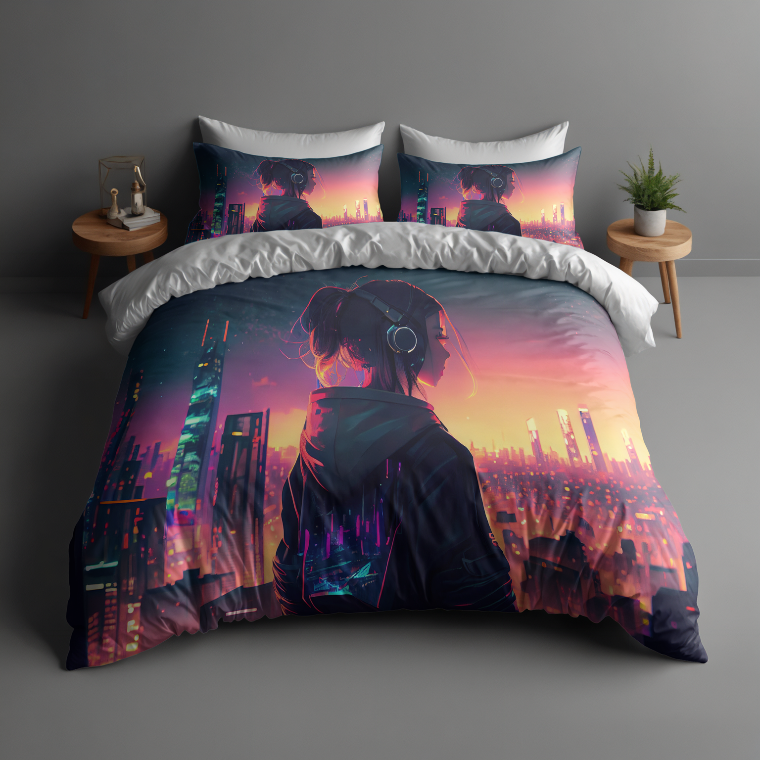 Neon Dreamscape Cityscape Duvet Set