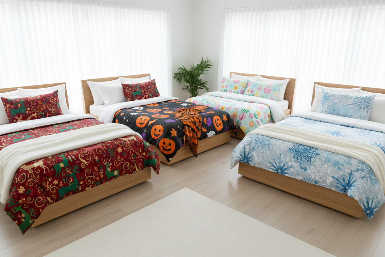 Seasonal Doona Covers and Festive Bedding Australia
Shop Seasonal Collections for Christmas, Halloween, and holiday doona covers. Festive, cosy, and designed to bring every season’s spirit into your room.

show multiple beds and diffrent doona covers Seasonal Collections for Christmas, Halloween etc