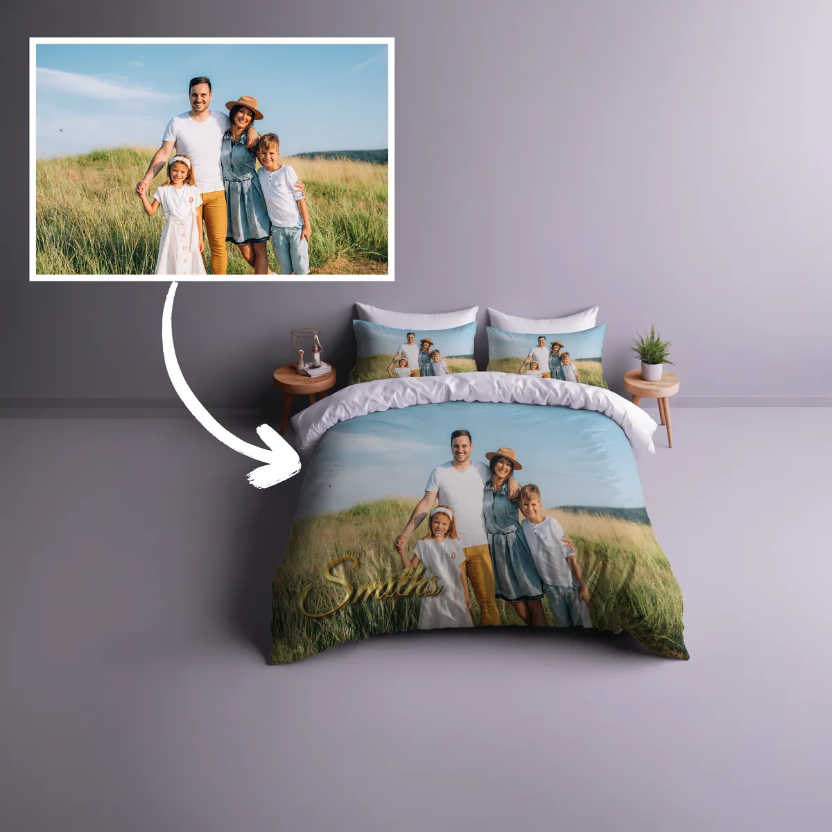 Custom printed doona cover set on a bed